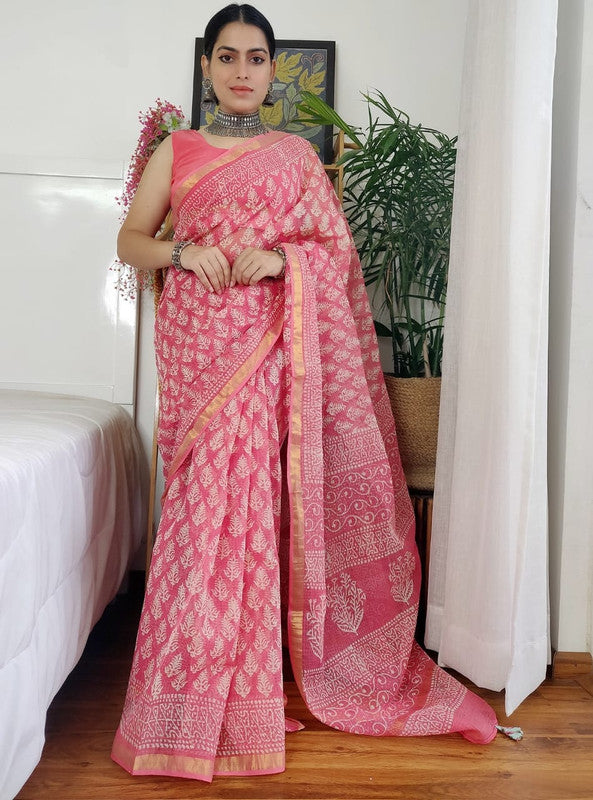 Pink & Multi Coloured Kota Doriya Cotton Beautiful Hand Block printed Women Daily/Party wear Saree with Blouse!!