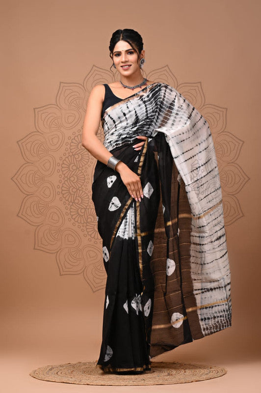 Black & White Coloured Hand Block Printed Women Designer Party wear Chanderi Cotton Silk Saree with Runnin Blouse!!