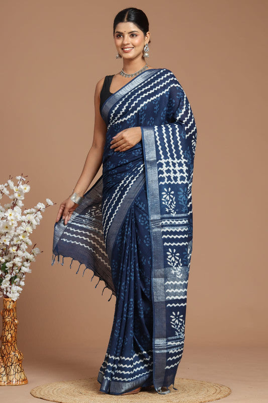 Blue & Multi Coloured Linen Cotton Beautiful Hand Block printed Women Daily/Party wear Saree with Blouse!!