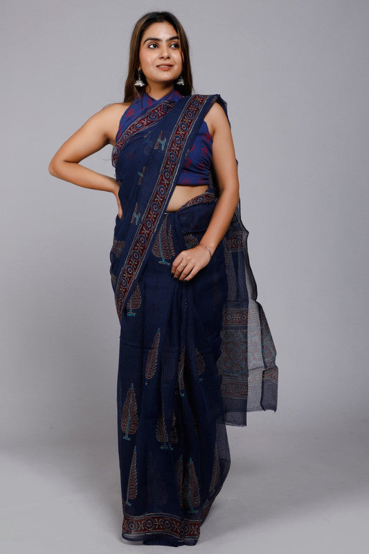 Blue Coloured Kota Doria Hand Block Printed Cotton Saree with Blouse!!