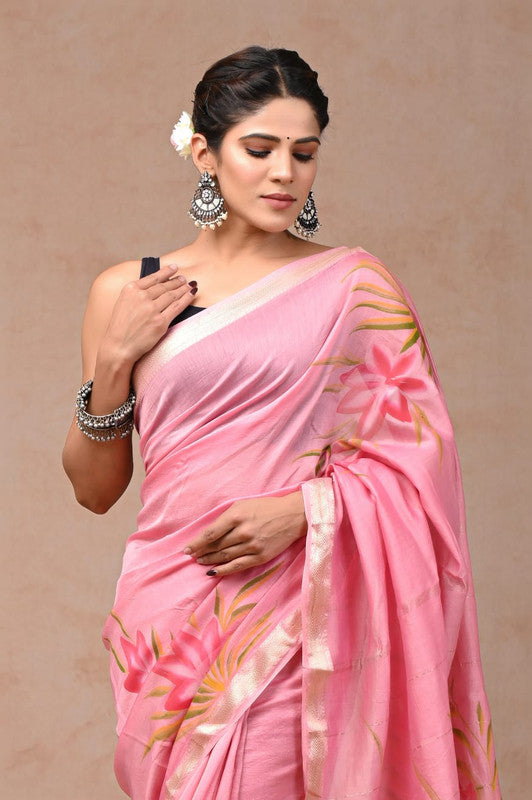 Pink & Multi Coloured Hand Block Printed Women Designer Party wear Maheshwari Cotton Silk Saree with Runnin Blouse!!