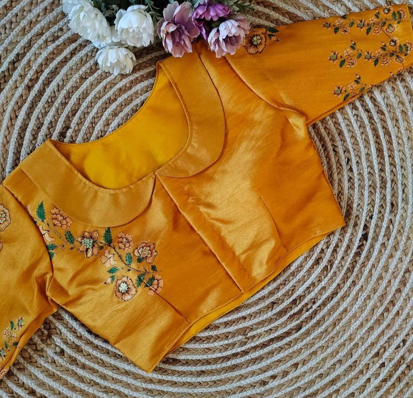 Yellow Coloured Pure Silk with Handmade work  Woman Ready made Designer Botique Style Blouse- Free Size Up to 42 Inch!!