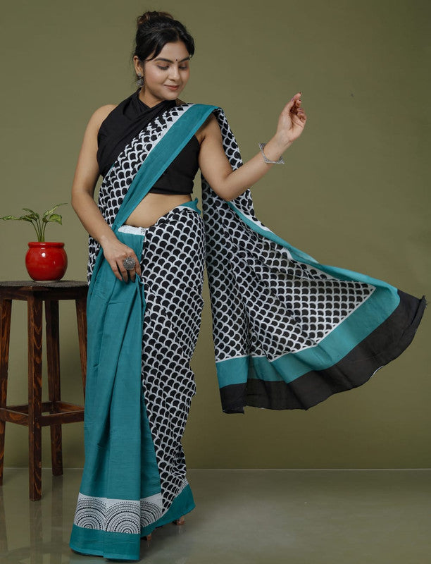 Dark Rama Blue & Black Coloured Hand Printed Super dying Quality Mul Cotton Women Daily wear Saree with Blouse!!