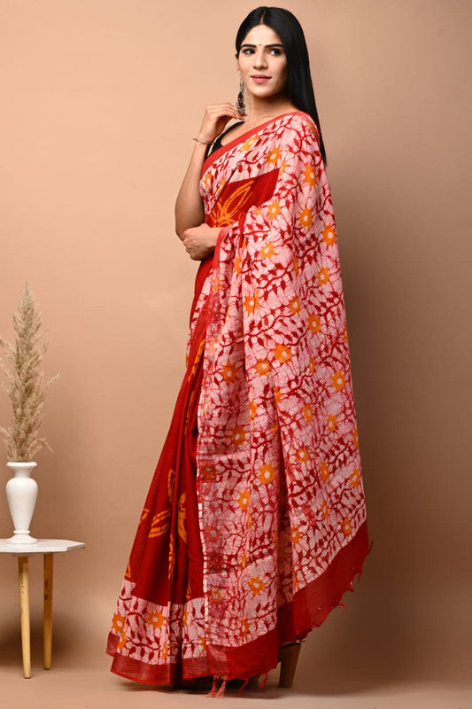 Red & Multi Coloured Linen Cotton Beautiful Hand Block printed Women Daily/Party wear Saree with Blouse!!