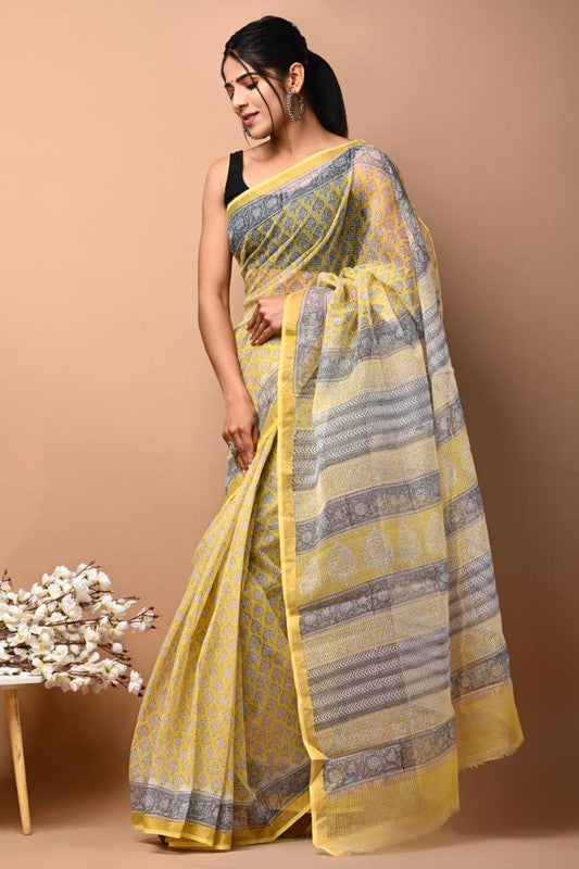 Yellow & Multi Coloured Kota Doriya Cotton Beautiful Hand Block printed Women Daily/Party wear Saree with Blouse!!