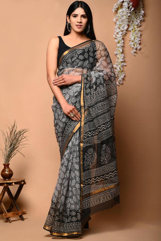 Black & Multi Coloured Kota Doriya Cotton Beautiful Hand Block printed Women Daily/Party wear Saree with Blouse!!