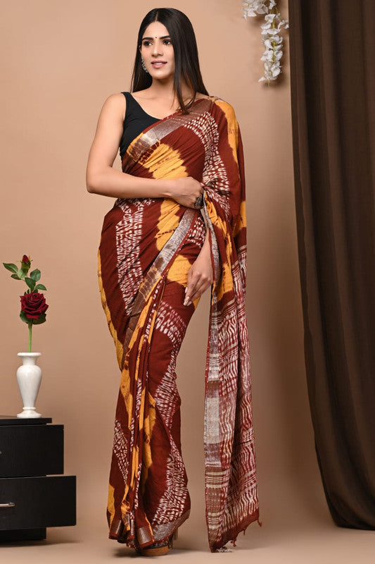 Latest Attractive Beautiful Designer Hand Block Print Linen Saree