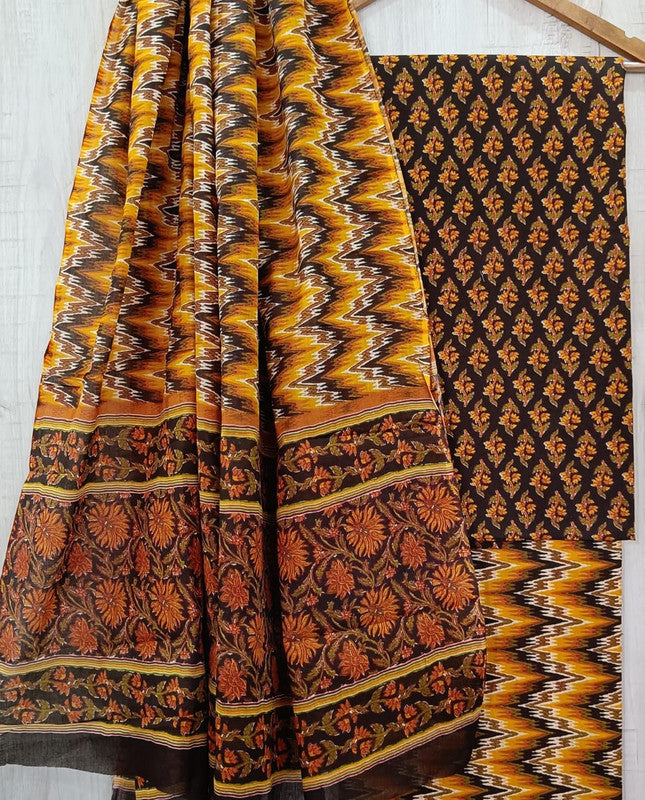 Mustard Yellow & Black Coloured Unstitched Pure Cotton Hand Block Printed Women Party/Daily wear Dress Material Suit- Top with Bottom & Cotton Dupatta!!