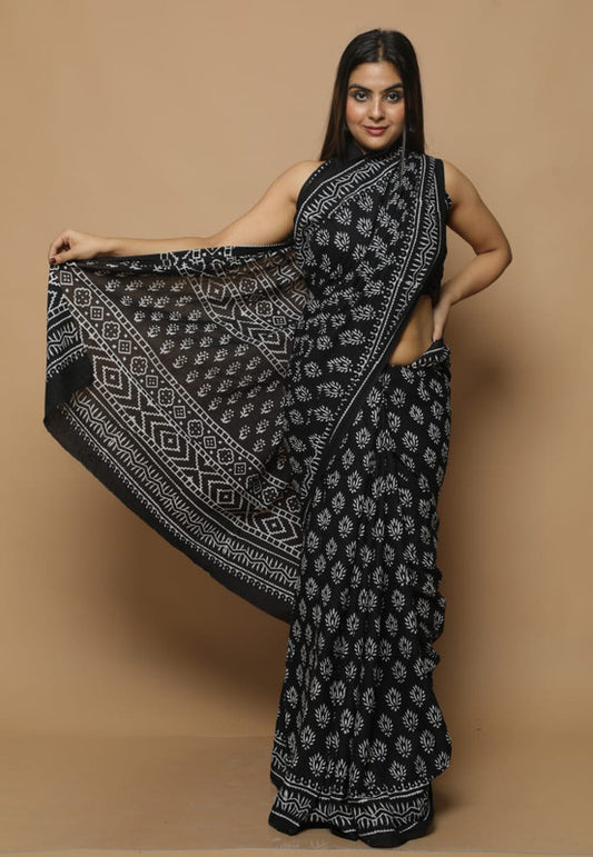 Black & Off White Coloured Beautiful Hand Block printed Women Daily/Party wear Pure Cotton Saree with Blouse!!