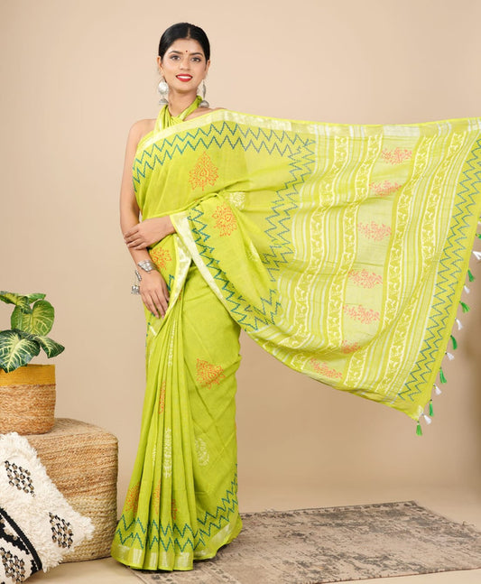 LINEN COTTON HAND PRINTED  SAREE WITH TAUSSAL