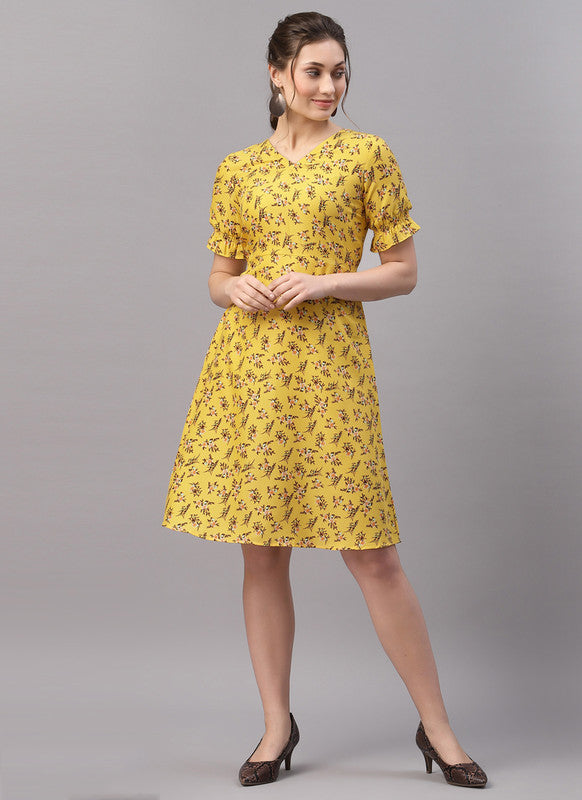 Mustard Yellow Coloured Premium Poly Rayon Mill Print Short Sleeves Women Party wear Western Dress!!