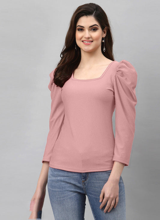 Light Pink Coloured Premium Lycra Knitted Solid Full Buff Sleeves Square Neck Women Party/Daily wear Western Top!!