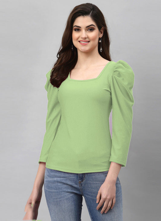 Pista Green Coloured Premium Lycra Knitted Solid Full Buff Sleeves Square Neck Women Party/Daily wear Western Top!!