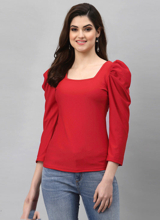 Red Coloured Premium Lycra Knitted Solid Full Buff Sleeves Square Neck Women Party/Daily wear Western Top!!
