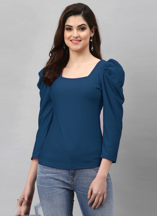Dark Teal Blue Coloured Premium Lycra Knitted Solid Full Buff Sleeves Square Neck Women Party/Daily wear Western Top!!