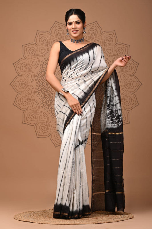 White & Black Coloured Hand Block Printed Women Designer Party wear Chanderi Cotton Silk Saree with Runnin Blouse!!