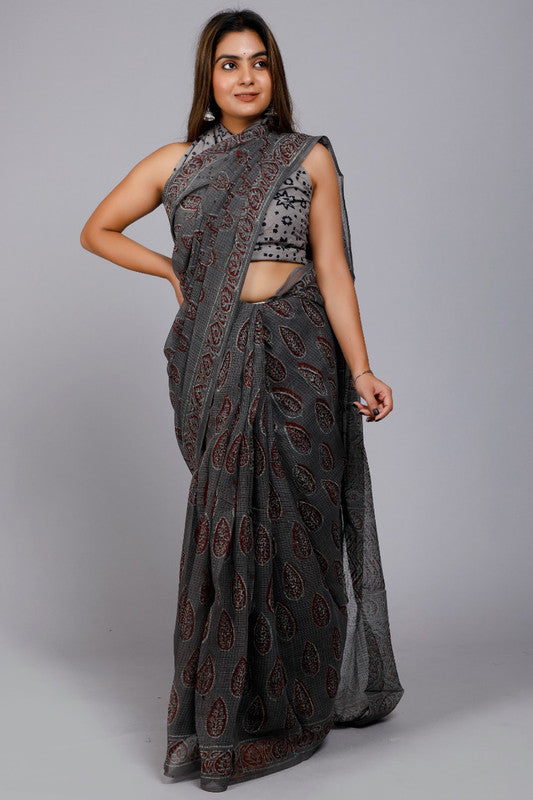 Grey Coloured Kota Doria Hand Block Printed Cotton Saree with Blouse!!