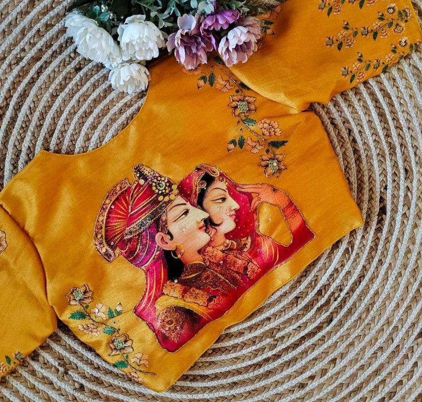 Yellow Coloured Pure Silk with Handmade work  Woman Ready made Designer Botique Style Blouse- Free Size Up to 42 Inch!!