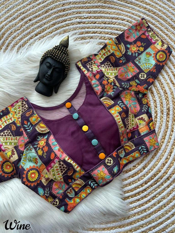 Wine & Multi Coloured Premium Malai Silk Multi Work 5 Colour Button Woman Ready made Designer fancy Blouse- Free Size Up to 42 Inch!!