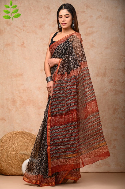 Black & Multi Coloured Kota Doriya Cotton Beautiful Hand Block printed Women Daily/Party wear Saree with Blouse!!