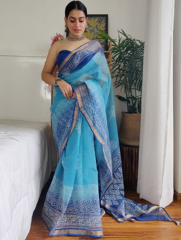 Blue & Multi Coloured Kota Doriya Cotton Beautiful Hand Block printed Women Daily/Party wear Saree with Blouse!!