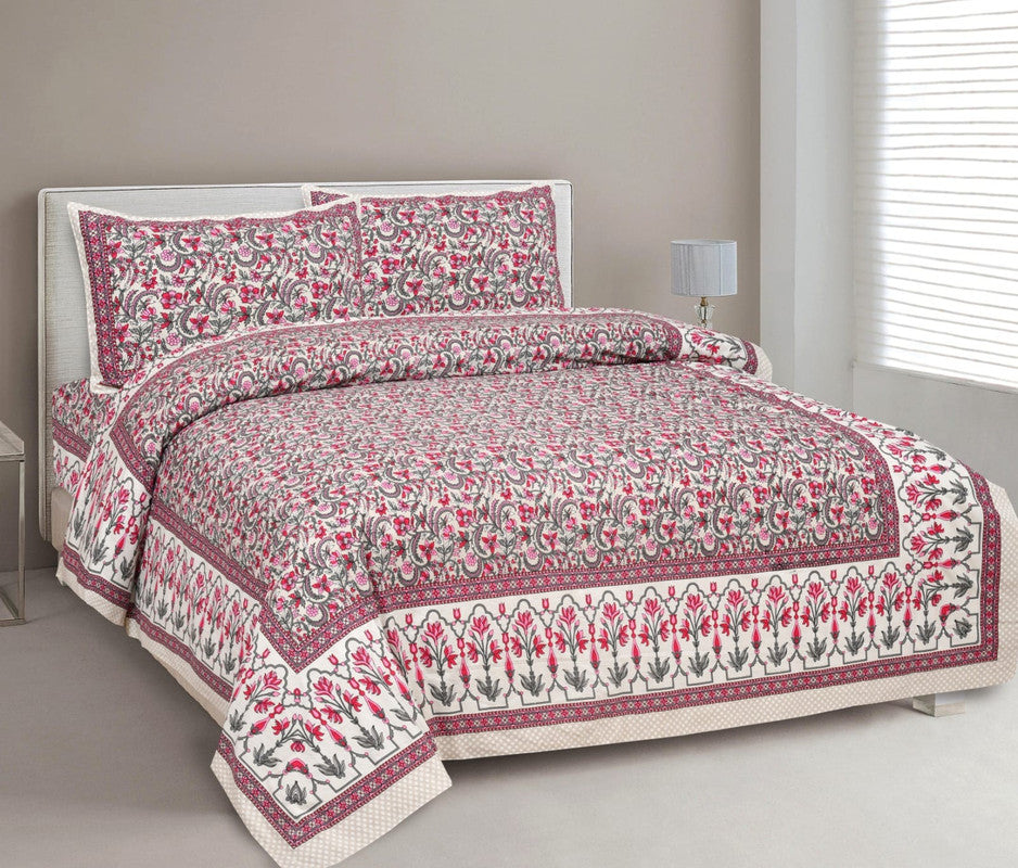 Pink & Multi Coloured Pure Cotton Beautiful Hand Printed Queen size Double Bed sheet with 2 Pillow covers!!