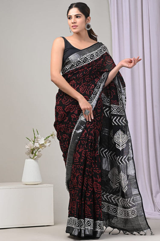 Black & Multi Coloured Linen Cotton Beautiful Hand Block printed Women Daily/Party wear Saree with Blouse!!