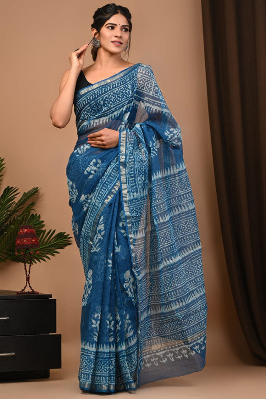 Blue & Multi Coloured Kota Doriya Cotton Beautiful Hand Block printed Women Daily/Party wear Saree with Blouse!!