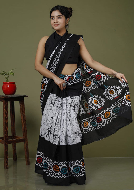 Black & Multi Coloured Hand Printed Super dying Quality Mul Cotton Women Daily wear Saree with Blouse!!