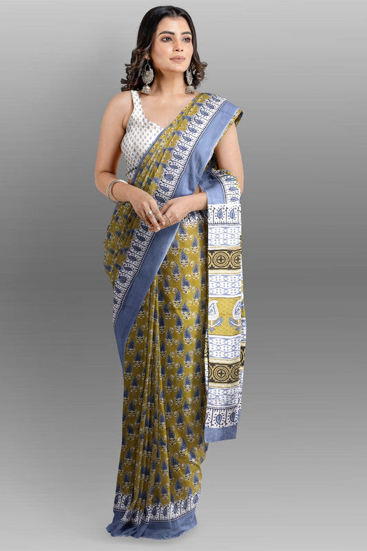 Light Green & Multi Coloured Premium Mul Mul Cotton Beautiful Hand Block printed Women Daily/Party wear Saree with Blouse!!