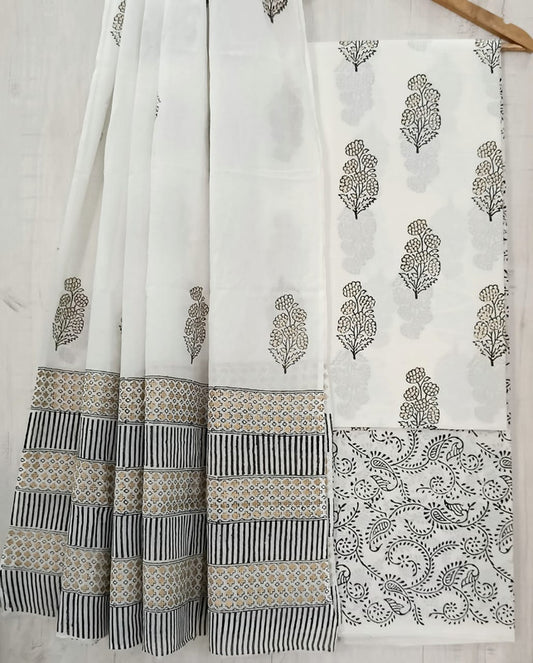 White & Grey Coloured Unstitched Pure Cotton Hand Block Printed Women Party/Daily wear Dress Material Suit- Top with Bottom & Cotton Dupatta!!