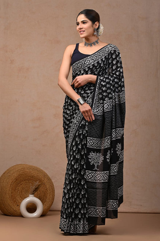 Black & White Coloured Hand Block Bagru, Dabu & Batik Dye Print Women Designer Party wear Pure Cotton Saree with Runnin Blouse!!