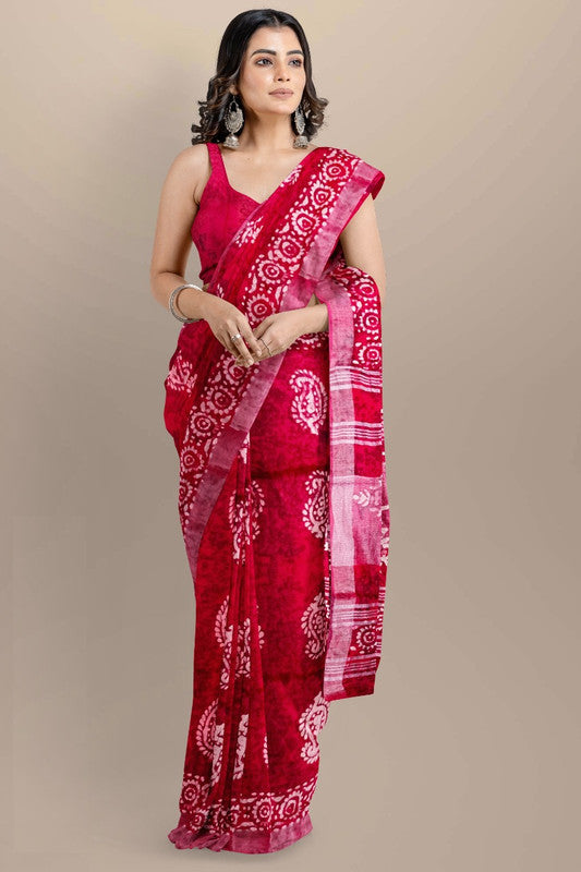 Red & Multi Coloured Linen Cotton Beautiful Hand Block printed Women Daily/Party wear Saree with Blouse!!