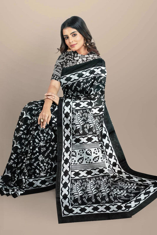 Black & White Coloured Premium Mul Mul Cotton Beautiful Hand Block printed Women Daily/Party wear Saree with Blouse!!