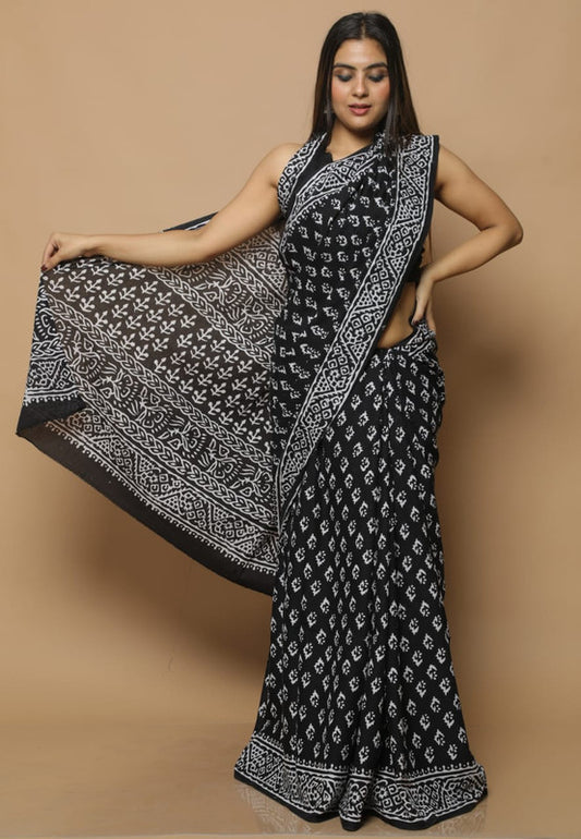 Black & Off White Coloured Beautiful Hand Block printed Women Daily/Party wear Pure Cotton Saree with Blouse!!