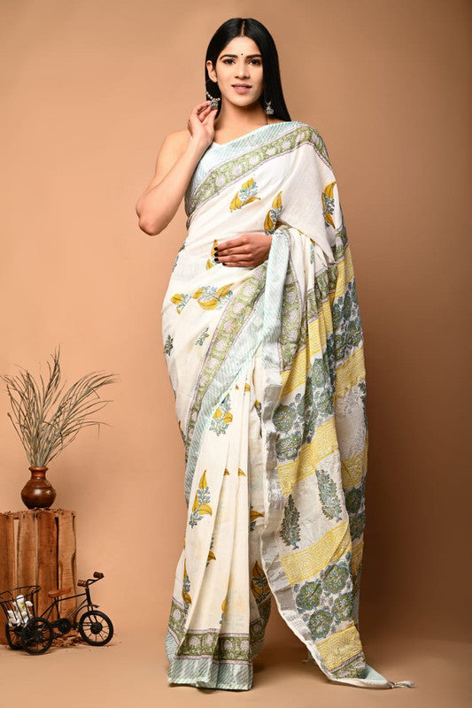 White & Multi Coloured Linen Cotton Beautiful Hand Block printed Women Daily/Party wear Saree with Blouse!!