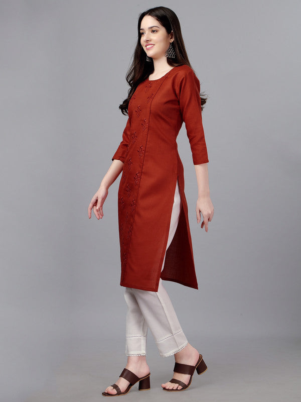 Maroon Coloured Pure Cotton with Embroidery work Women Designer Daily wear Kurti!!