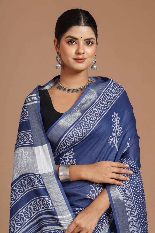 Blue & Multi Coloured Linen Cotton Beautiful Hand Block printed Women Daily/Party wear Saree with Blouse!!