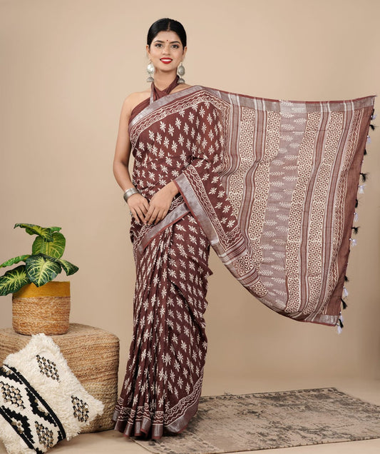 LINEN COTTON HAND PRINTED  SAREE WITH TAUSSAL