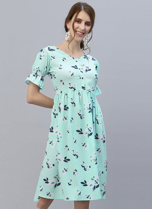 Sky Blue Coloured Premium Crepe Mill Print Short Sleeves Women Party wear Western Dress!!