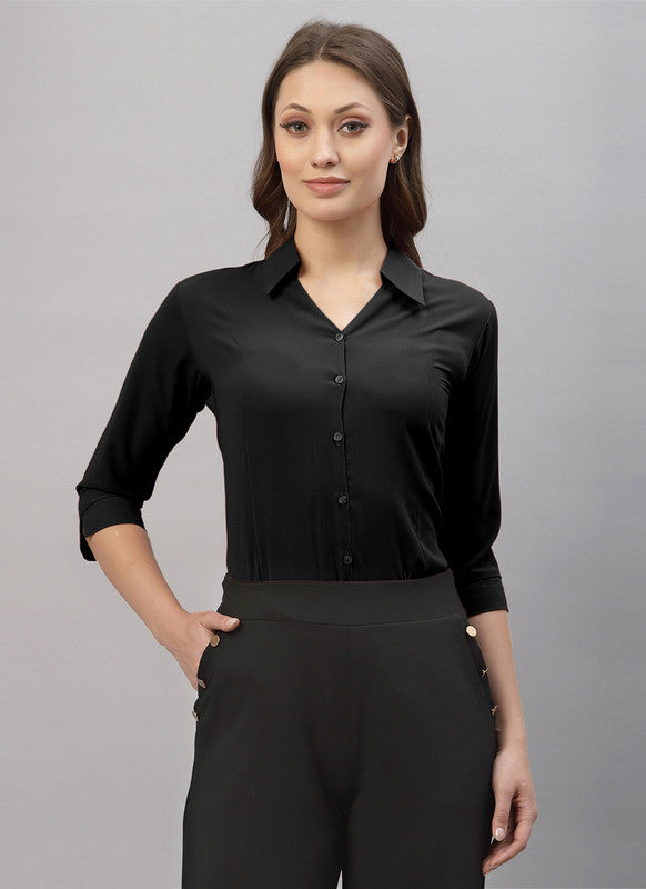 Black Coloured Premium Polyester Viscose Blend Collar Neck Solid 3/4 Sleeves Women Daily wear Shirt Top!!