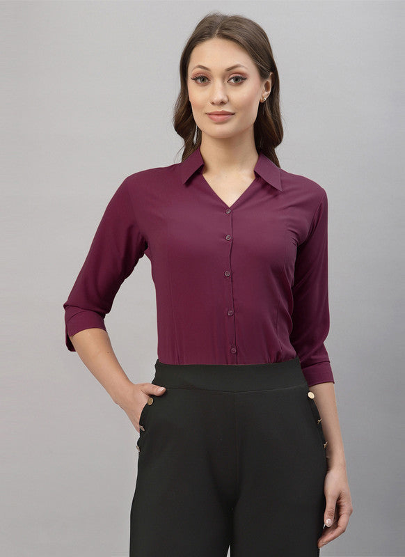 Wine Coloured Premium Polyester Viscose Blend Collar Neck Solid  3/4 Sleeves Women Daily wear Shirt Top!!