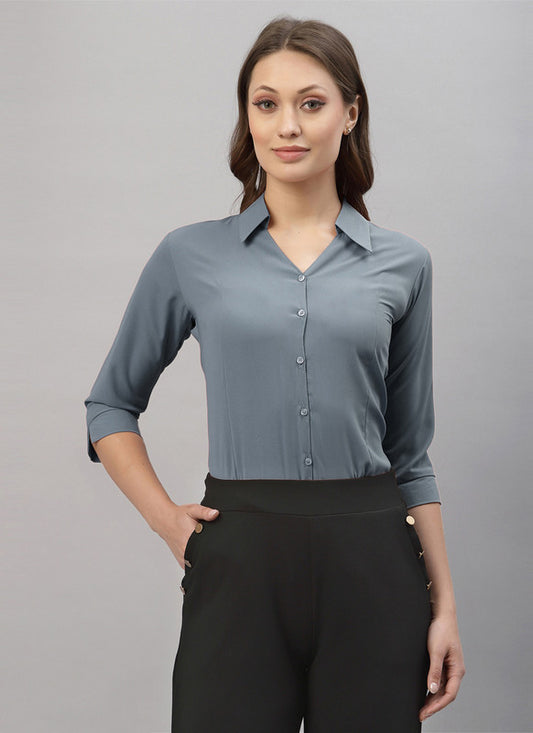 Grey Coloured Premium Polyester Viscose Blend Collar Neck Solid 3/4 Sleeves Women Daily wear Shirt Top!!