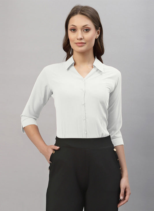 White Coloured Premium Polyester Viscose Blend Collar Neck Solid  3/4 Sleeves Women Daily wear Shirt Top!!