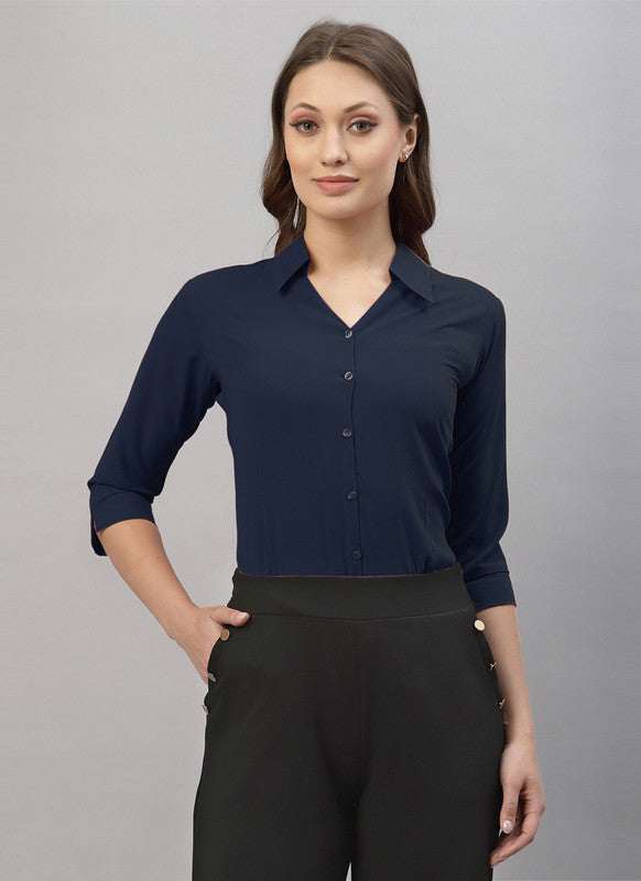 Navy Blue Coloured Premium Polyester Viscose Blend Collar Neck Solid 3/4 Sleeves Women Daily wear Shirt Top!!