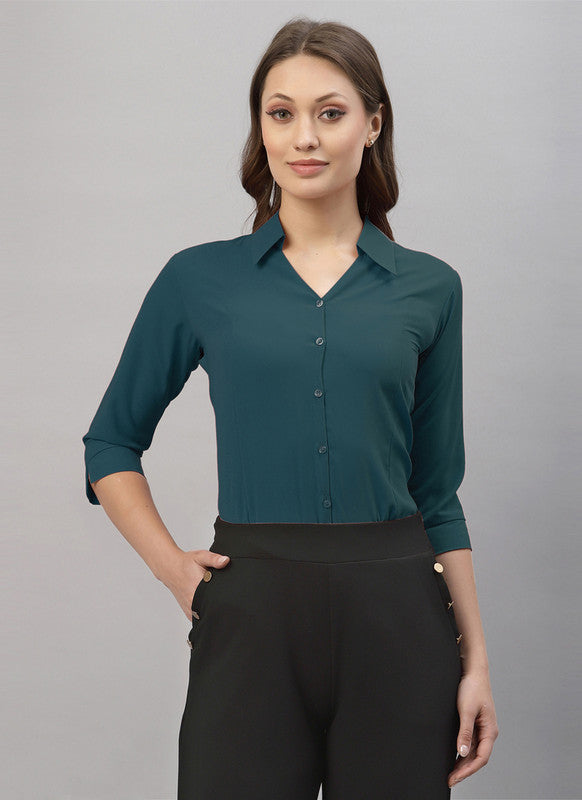 Dark Rama Blue Coloured Premium Polyester Viscose Blend Collar Neck Solid 3/4 Sleeves Women Daily wear Shirt Top!!