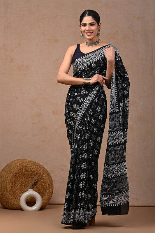 Black & White Coloured Hand Block Bagru, Dabu & Batik Dye Print Women Designer Party wear Pure Cotton Saree with Runnin Blouse!!