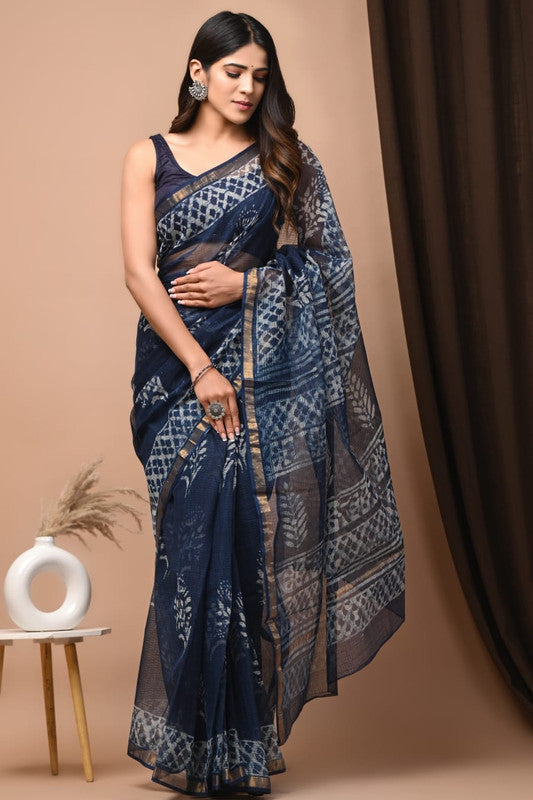 Blue & Multi Coloured Kota Doriya Cotton Beautiful Hand Block printed Women Daily/Party wear Saree with Blouse!!