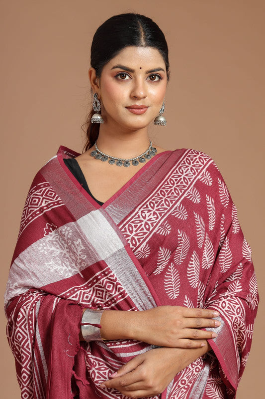 Maroon & Multi Coloured Linen Cotton Beautiful Hand Block printed Women Daily/Party wear Saree with Blouse!!