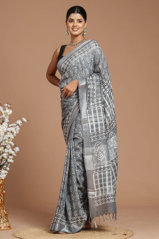 Grey & Multi Coloured Linen Cotton Beautiful Hand Block printed Women Daily/Party wear Saree with Blouse!!